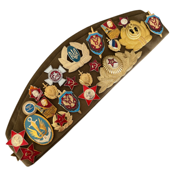 Military Style Original Pilotka Cap with Soviet Era Pin Collection Vintage Souvenir
