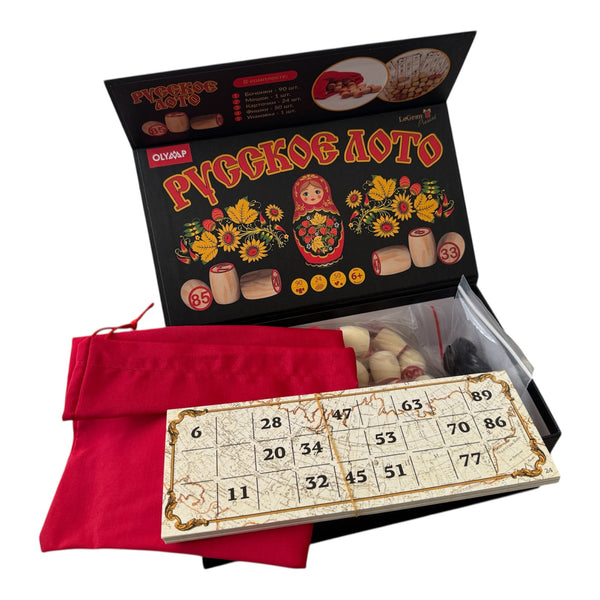 Russian Lotto Bingo Board Game Set with Cards Chips and Wooden Barrels and Magnet Lock Box