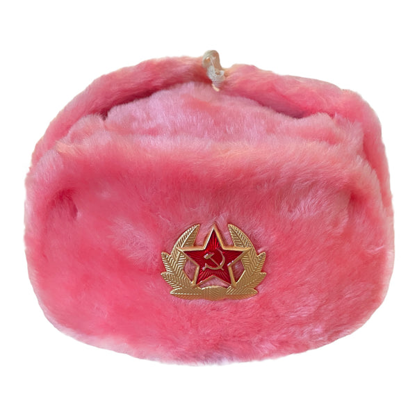 Authentique russe rose Ushanka Winter Hat Soviétique URSS Army Pin Badge