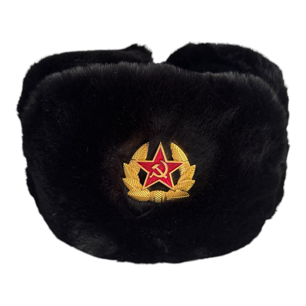 Black Faux Fur Military Style Winter Ushanka Hat Soviet Soldier Badge